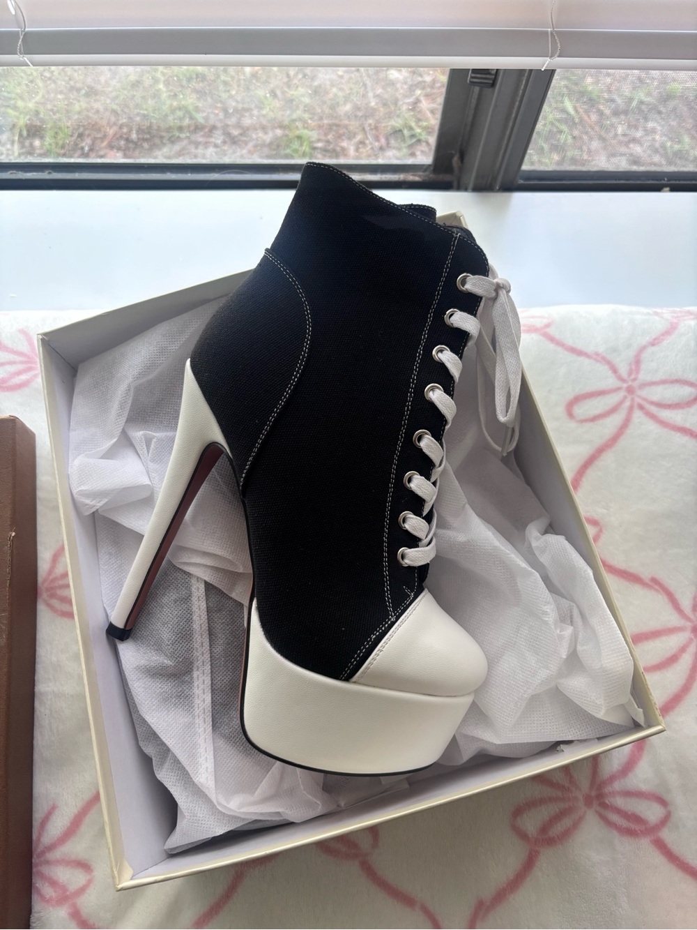 Black and White Lace-Up Platform Ankle Boots - Women